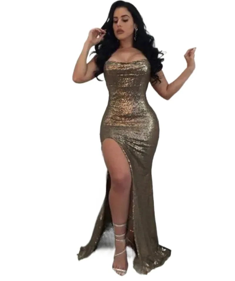 Shinny Gold Paillettes Prom Dresses Sexy senza spalline con perline Fessura laterale Plus Size Abiti da sera convenzionali