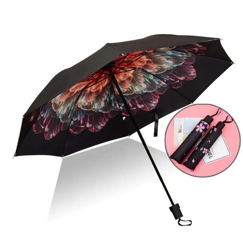 Umbrellas High quality umbrella for men rainproof for women large Paraguas 3D floral print sunlight proof 3 folding umbrella outdoor umbrella 230726