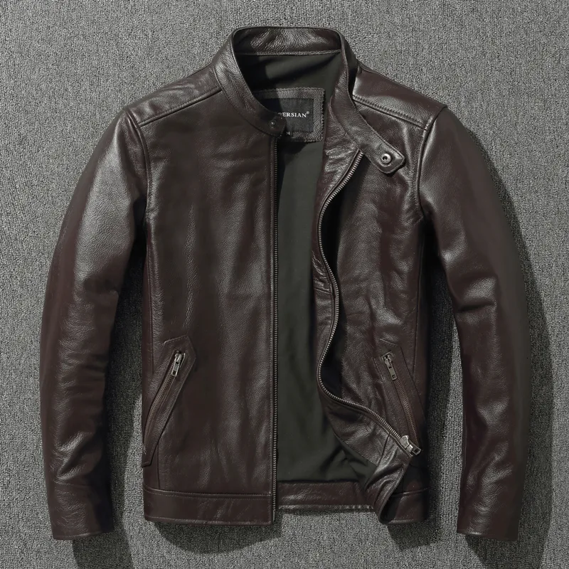 Men's Vests Top Layer Cowhide Jacket Fashion SlimFit Stand Collar Leisure Bomber 100 Genuine Leather Vintage Short Zipper M 230726