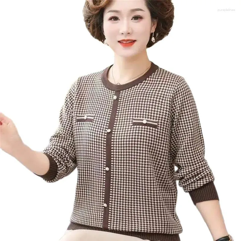 Women's Sweaters Middle-Aged Sweater Pullover Fashion Houndstooth Knitwear T-Shirt 2023 Spring Autumn Thin Knitted Jacket Tops