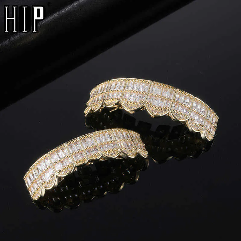 Hip Hop Full Cz Baguette Stones Dents Caps Cubic Zircon Iced Micro Pave Topbottom Charm Grills pour Hommes Femmes Bijoux 230726