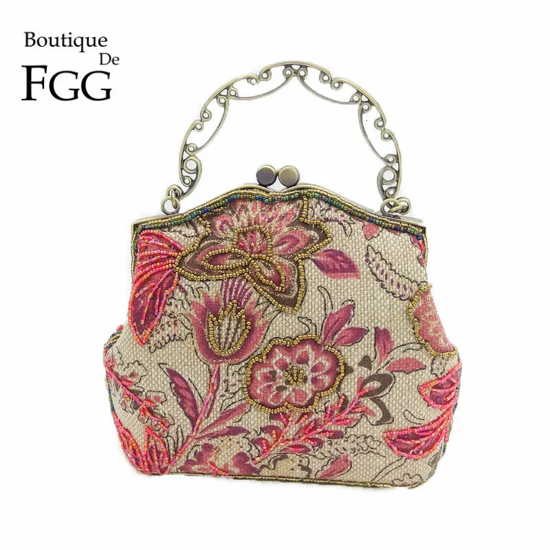Evening Bags Boutique De FGG Chinese Style Embroidery Floral Women Beaded Evening Purse Bridal Flower Clutch Bag Wedding Party Frame Handbag 230726