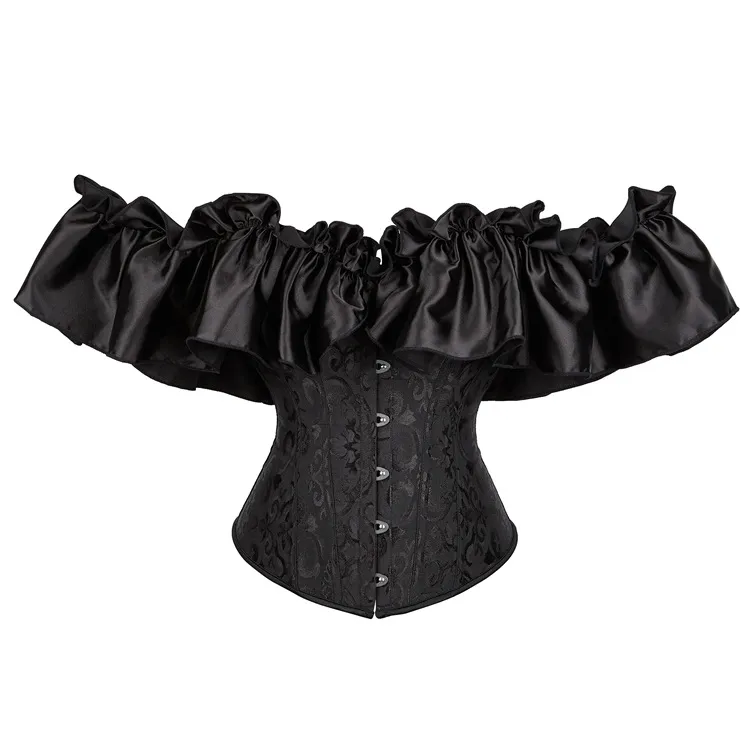 Jacquard Brocade Overbust Corset Top avec Off-shoulder Dramatic Ruffle Satin Sleeves Femmes Mode Shapewear Corpete Korset