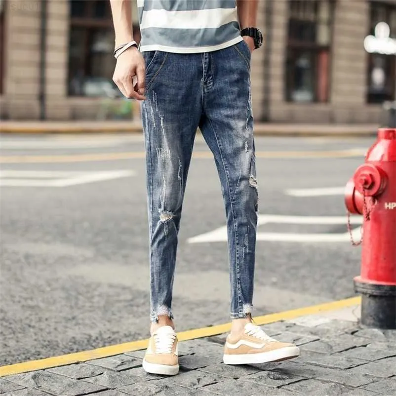 Summer Jeans Men's Fashion Casual Slim Byxor Solid Color Hole Denim Ankle Length Pants 210318 L230726