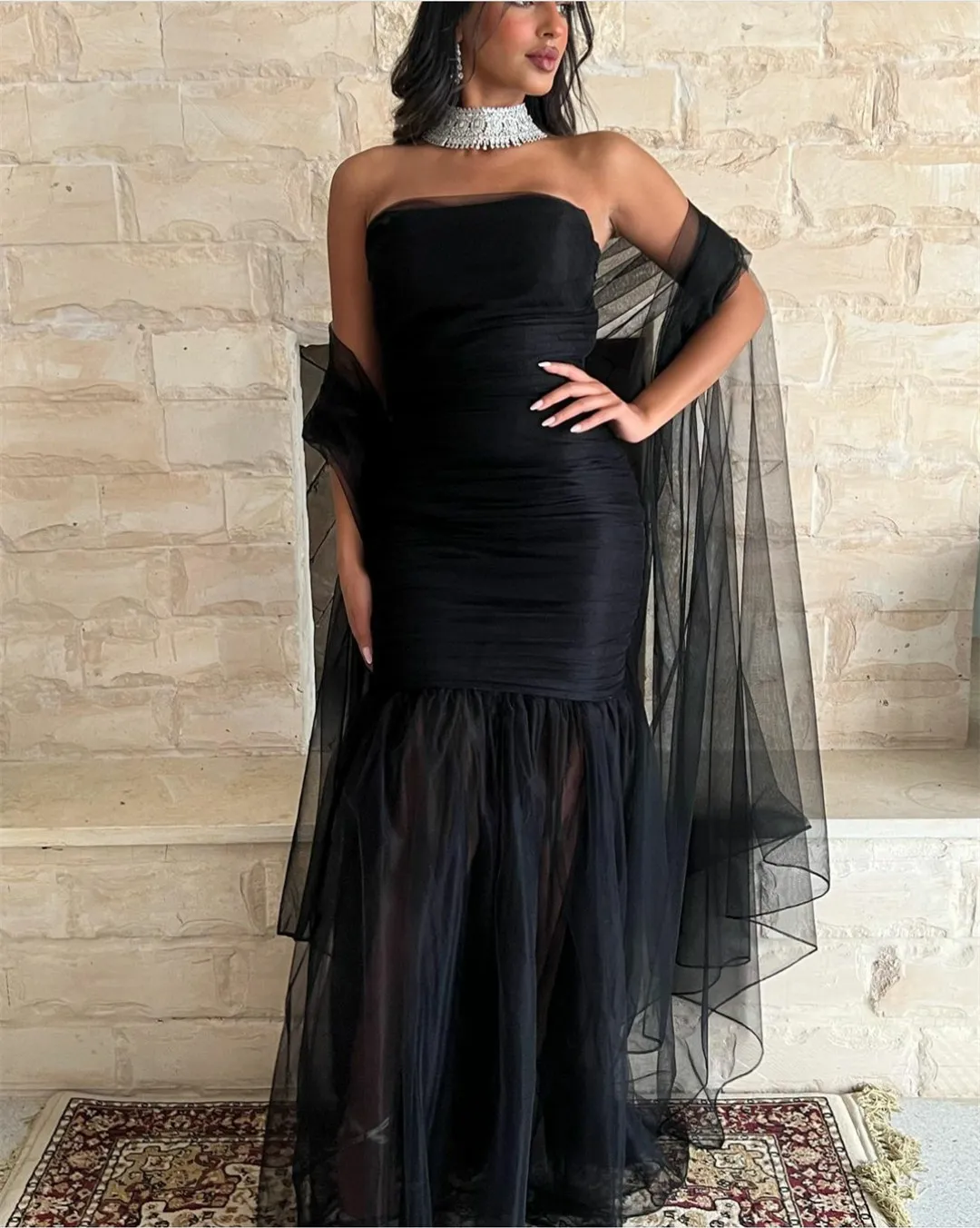 Elegant Long Black Tulle Evening Dresses Mermaid Zipper Back Floor Length Pleats Prom Dresses Robe De Soiree Strapless Formal Party Gown For Women From 75 95 DHgate
