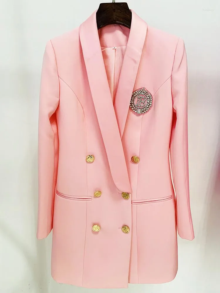カジュアルドレス2023ピンク色の秋の女性長袖ダブルボタンスリムブレザードレスファッションオフィスレディオクタイションイブニングパーティー