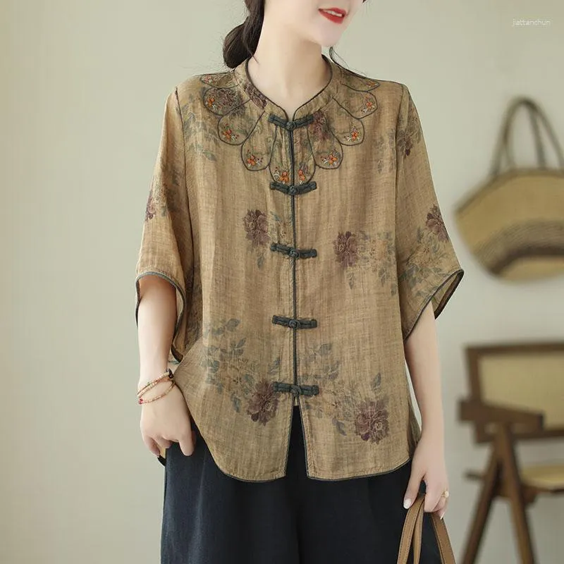 Women's Blouses Chinese Syle Embroidered Ramie Shirt Thin Vintage Plate Button Loose Cardigan Shirts Beautiful Lady Cotton And Linen Tops
