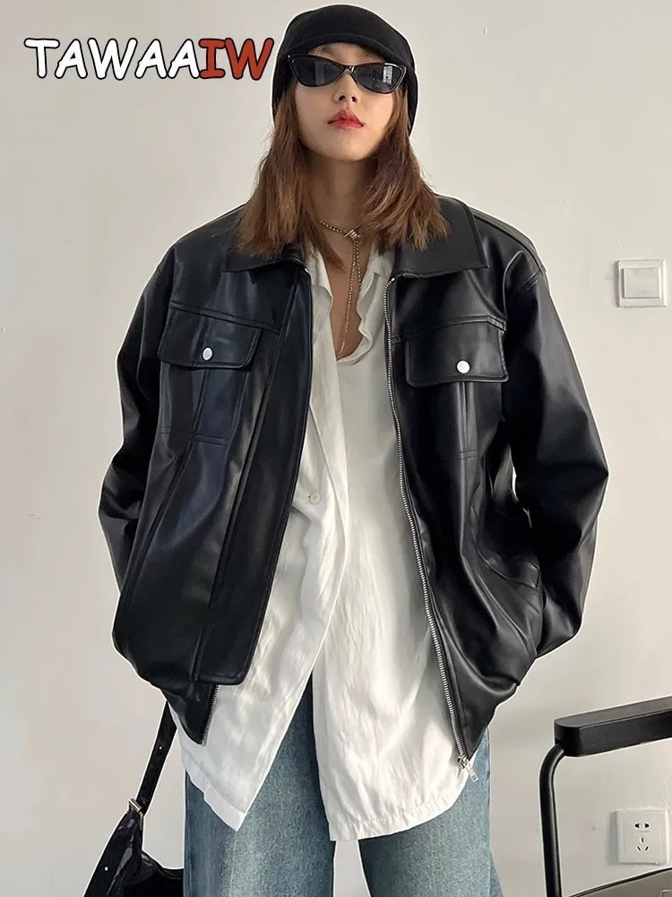 Womens Jackets Tawaaiw Streetwear Black Loose Pu Leather Coats and Women Tops Autumn Korean Fashion Overdimensionerade Chic Outerwear 230726