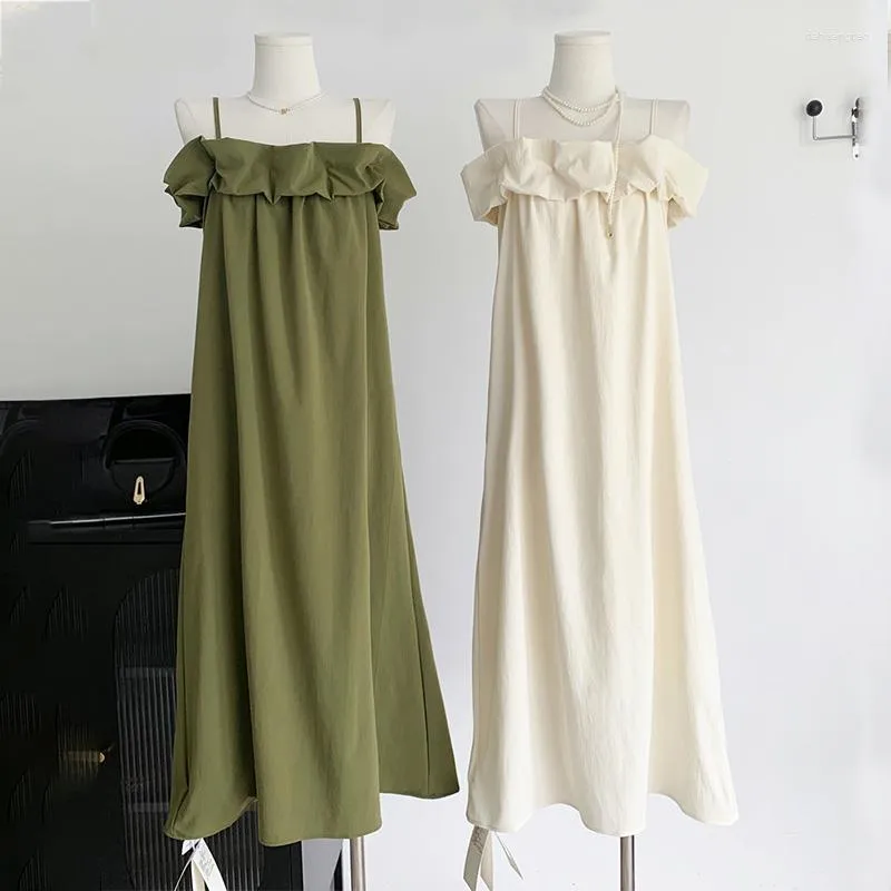 Robes décontractées Vintage Summer Off-the-shoulder Slip Dress Femmes Simple Lace-up A-line Fashion Flesh-shielding Long Skirt Fit Holiday Female