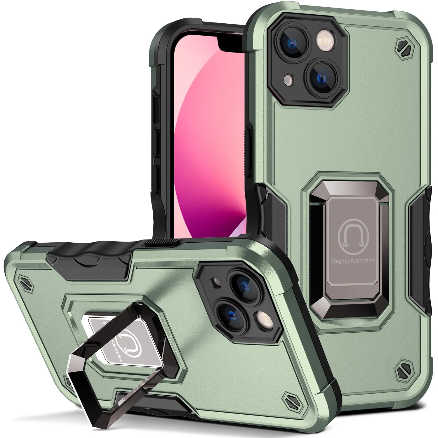 Rugged Defender Kickstand Telefoonhoesjes voor Motorola Moto G Power 5G 2023 Stylus Edge Plus Militaire Beschermende Magnetische Autohouder Cover met Ringbeugel Groen