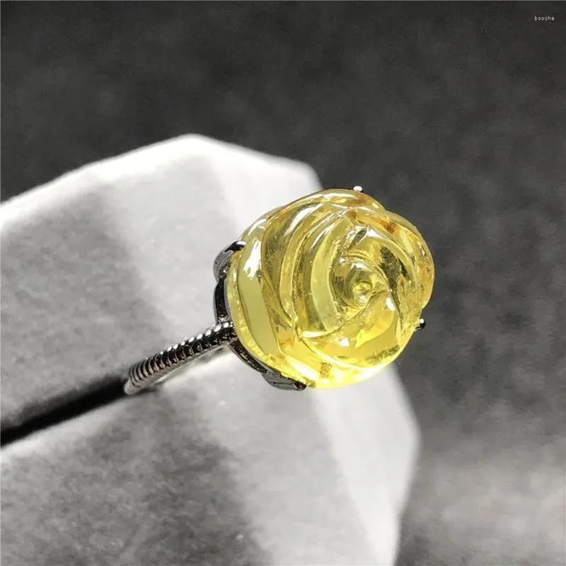 Anelli a grappolo 13x12mm Anello intagliato con fiore in ambra gialla naturale per donna Lady Man Beads Gemstone Silver Fashion Jewelry regolabile