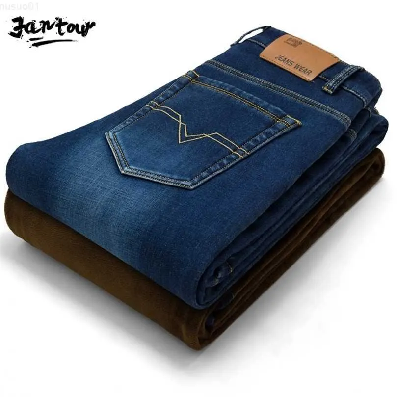 Winter Men's Warm Blue Skinny Jeans Classic Style Stretch Slim Fit Thick Pants Fashion Trousers Mane Brand 28-38 210318 L230726