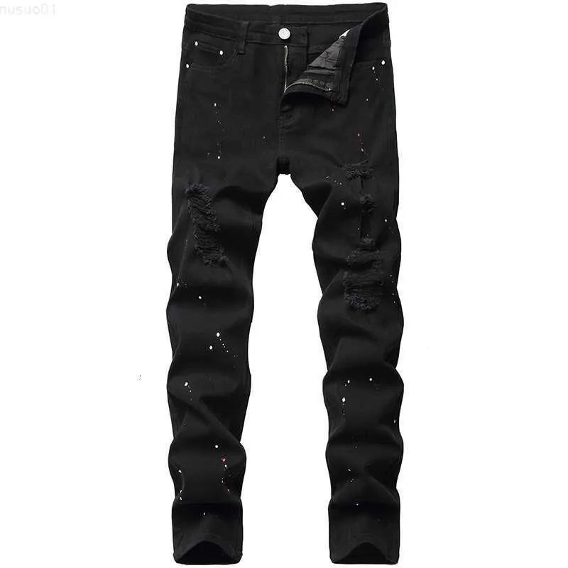 Denim Design Fashion Lacquer Foot Casual Pants Stretch Regular Fit Black Long Jeans Men's Four Season Plus Size 230316 L230726