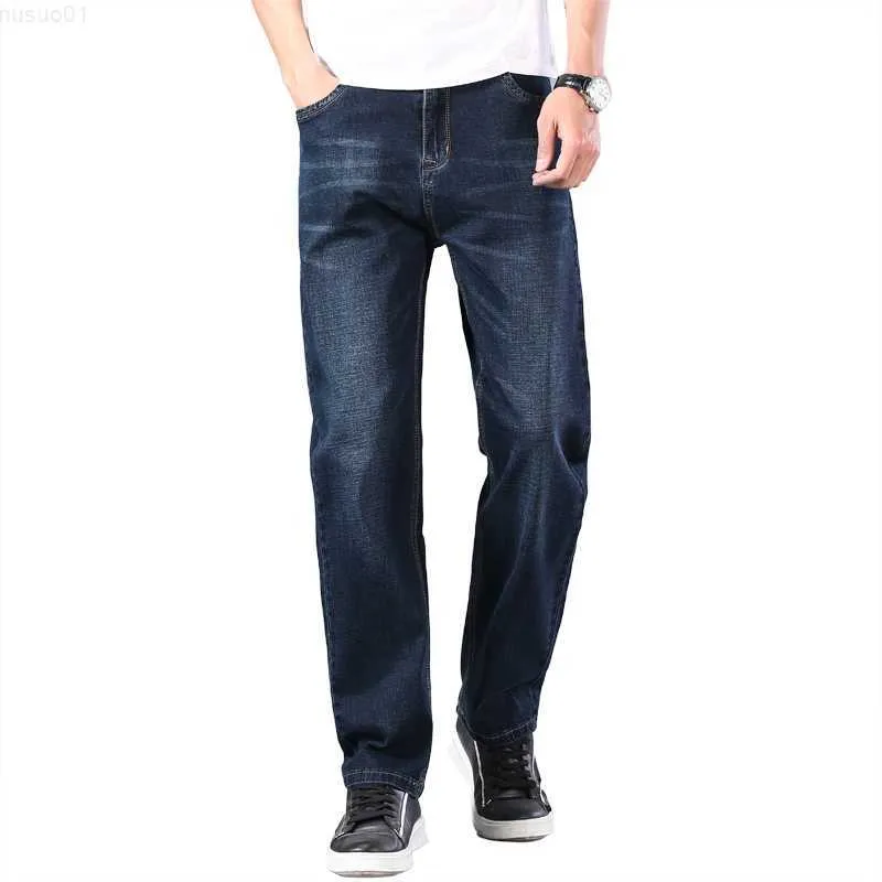 Jeans Masculino Primavera Verão Clássico Leve Liso Solto Jeans de Alta Qualidade Azul Escuro Fino Tamanho Grande 30-44 210318 L230726