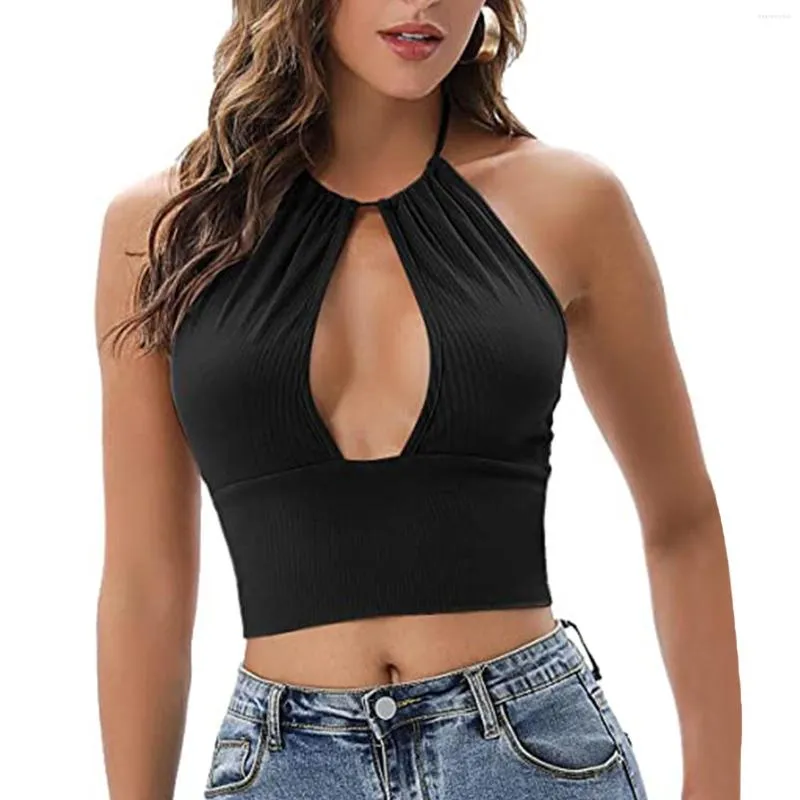 Débardeurs pour femmes Sexy Halter Évider Crop Tops Femmes Couleur Unie Sans Manches Casual Tant Gilet Kaki Vert Noir Top Femme Vêtements