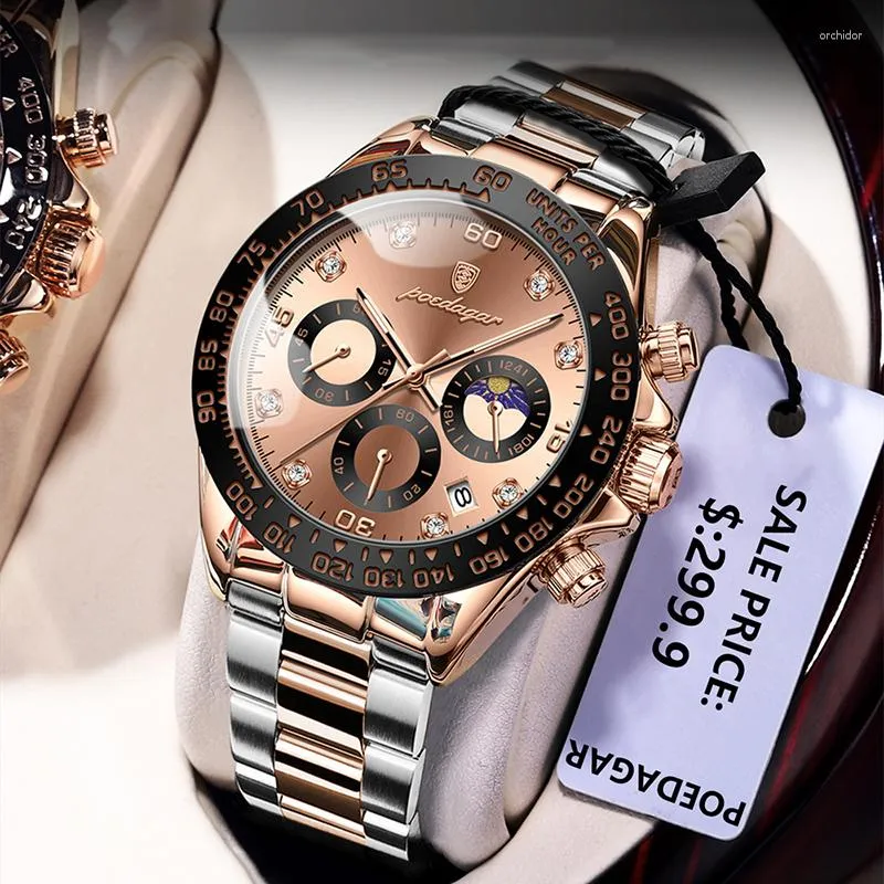 Armbandsur Poedagar Luxury Rose Gold Quartz Watch for Men rostfritt stål Vattentät lysande datum Kronografklockor Relogio Masculino