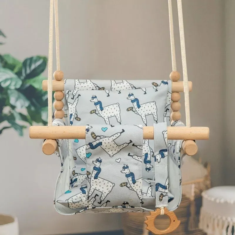 Altalene Maglioni Buttafuori Baby Wood Swing Chair Canvas Hanging Bambini Rocker Toy Buttafuori di sicurezza Fuori piccolo cestino Giocattoli ricreativi 230726