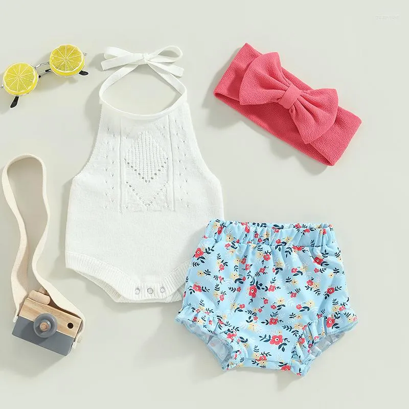 Ensembles de vêtements CitgeeSummer infantile bébé filles barboteuse blanc sans manches hauts en tricot Floral PP Shorts bandeau vêtements