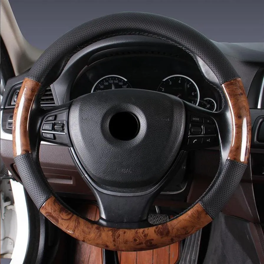 Cobertura de volante de carro couro de grão de madeira confortável respirável trançado volante acessórios de estilo de carro para a maioria dos veículos259d