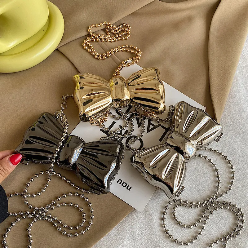Kvällspåsar Metal Mini Bow Crossbody för kvinnor Fashion Silver Gold Shoulder Bag Clutch Lipstick Purses Coin 230725