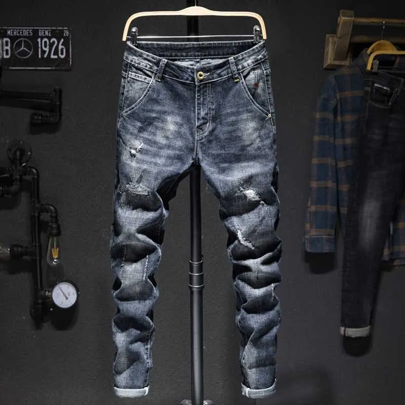 Erkekler bisikletçisi kot pantolon koyu mavi streç ince fit yırtılmış sıkıntılı sokak kıyafeti denim pantolon gündelik retro adam hiphop jean homme l230726