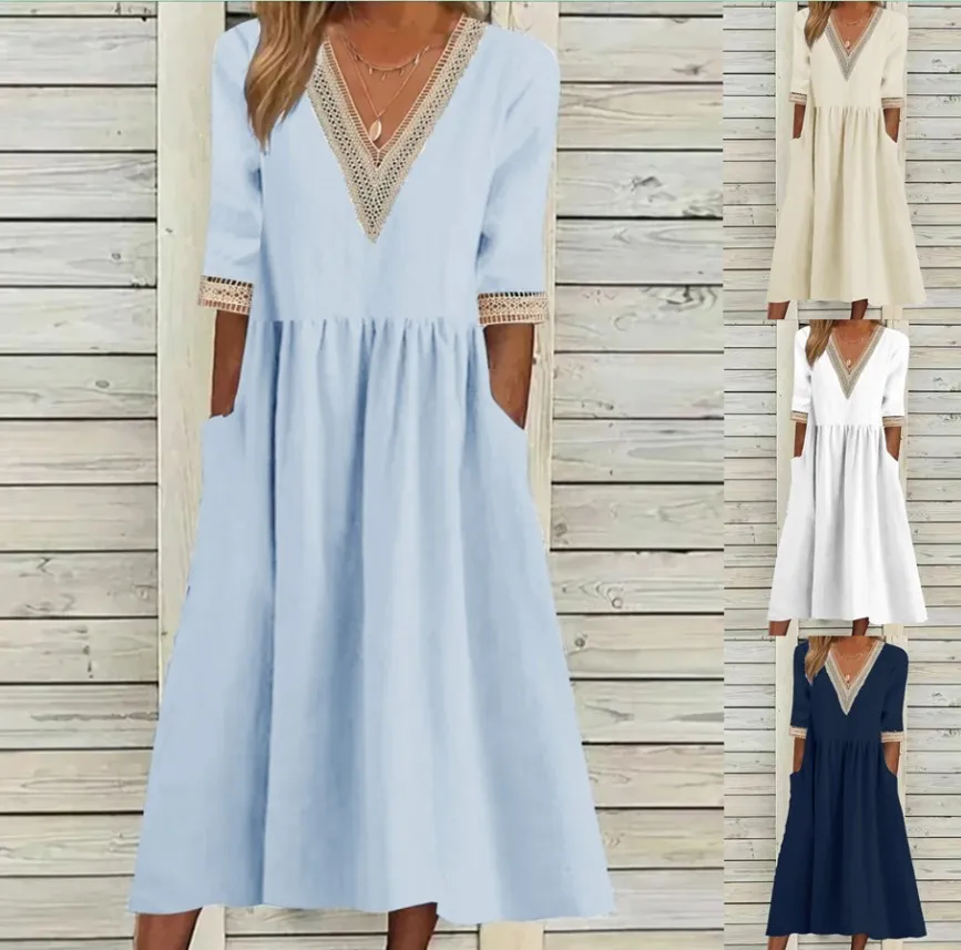 Freizeitkleider Kleid Plus-Size-Kleid mit lockerem Baumwoll-Leinen-Kragen, fünfzackigen Ärmeln, mittellanges Kleid