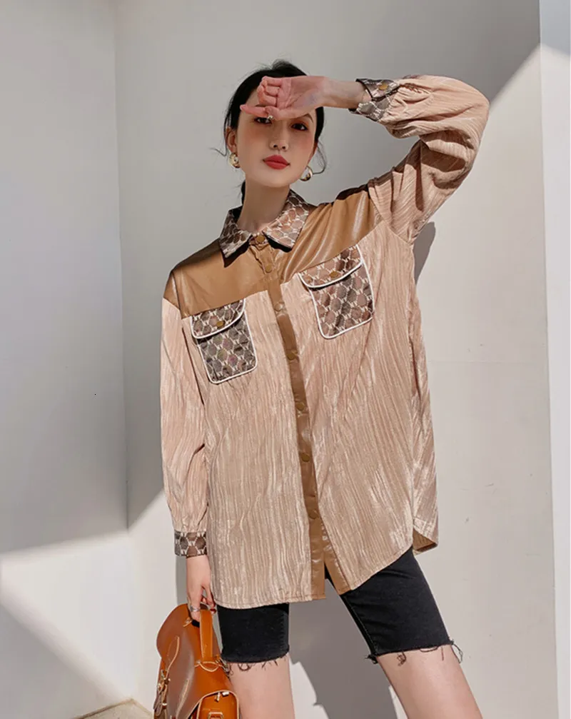 Damesblouses Overhemden Elegant overhemd met lange mouwen en knopen Dames Vintage patroon patchwork zakblouse Lentekleding 230726