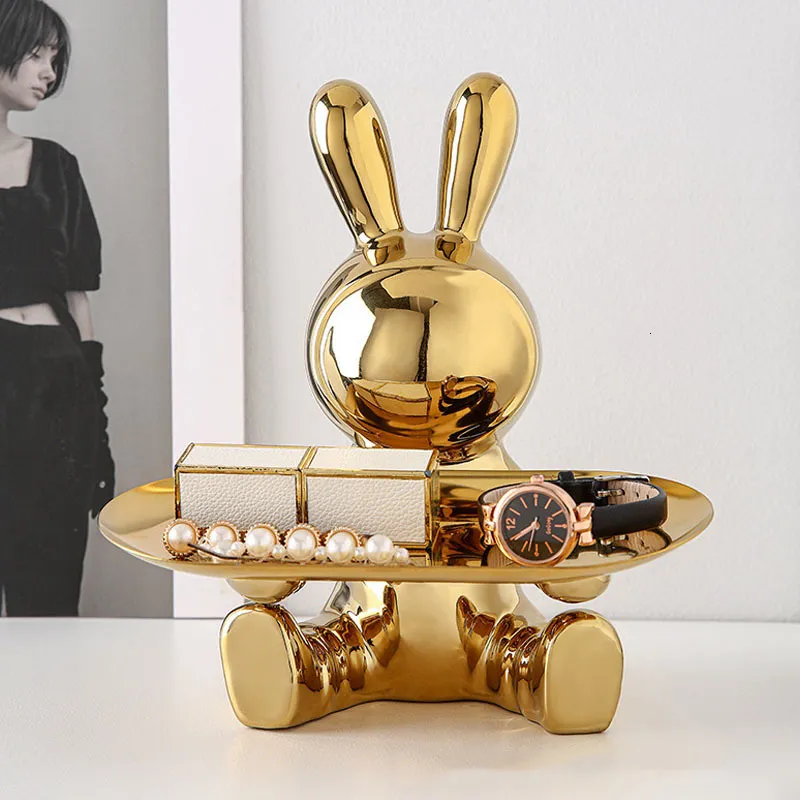 Decorative Objects Figurines Resin Electroplated Astronaut Rabbit Tray for Decorative Objects of Indoor Office Desktop Storage Containers 230726