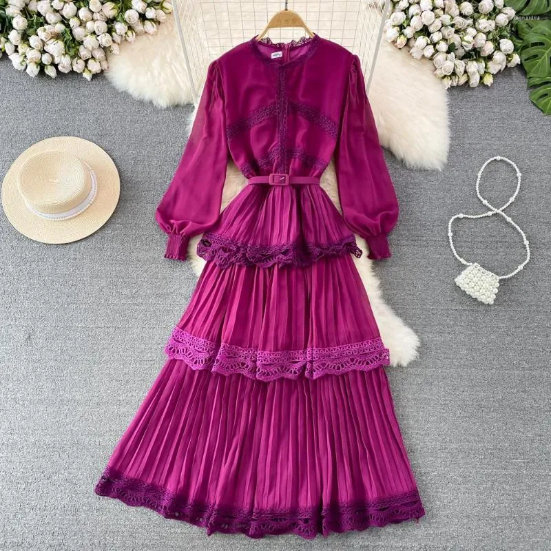 Vestidos casuales VANOVICH Vintage con mangas acampanadas, cuello redondo, dulce encaje, cintura de retazos, ajustado, línea A, vestido plisado, temperamento, elegante, largo