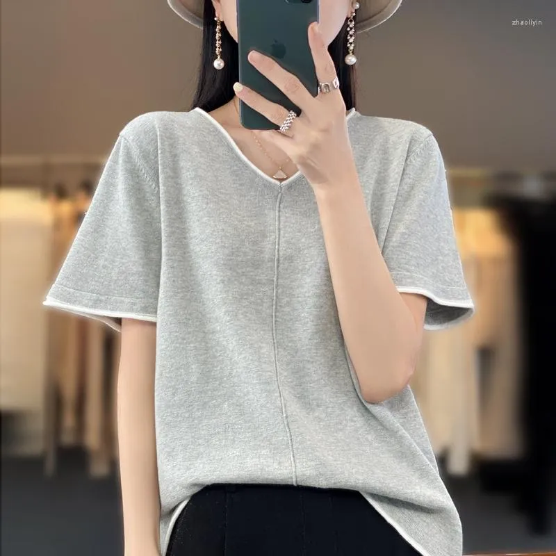Suéteres de mujer S-XL Algodón de punto Diseño con cuello en V Suéter de moda suelto Camiseta Línea de verano Jersey de manga corta