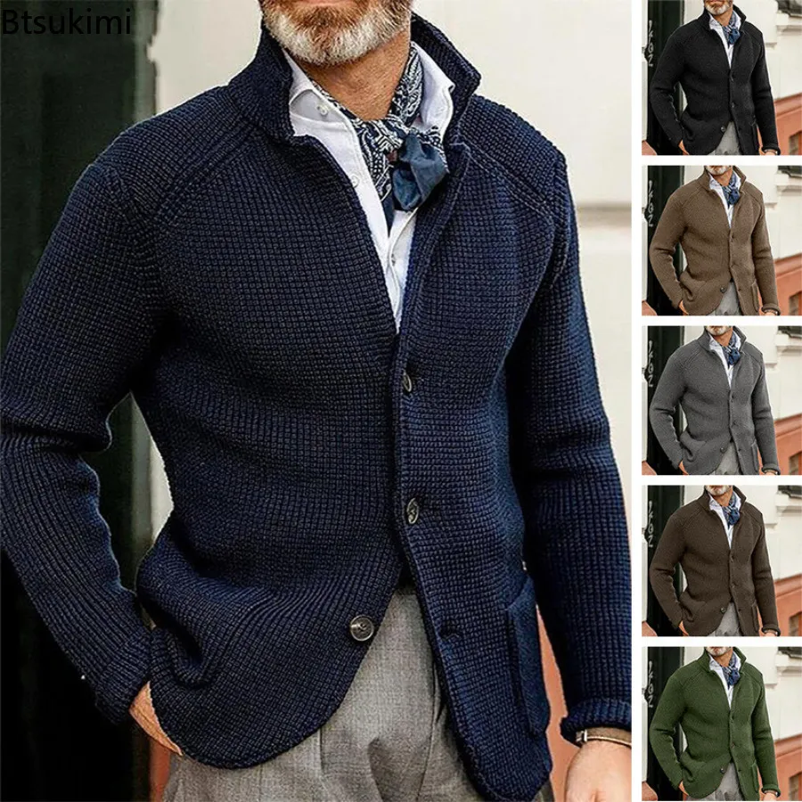 Mens Sweaters 2023 Mens Stand Collar Knitted Coat Long Sleeve Sweater