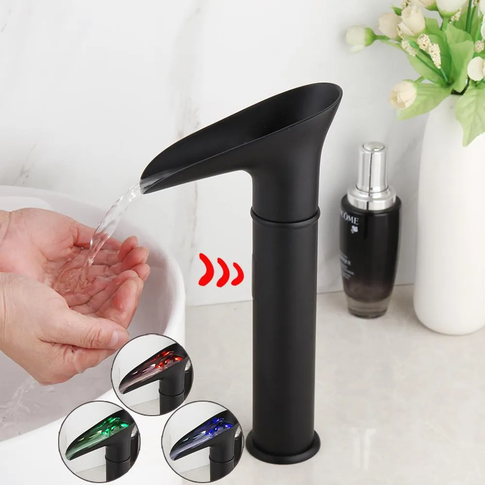 Boxen Kemaidi Automatische Sensor Hand Berührung Griffin Matte schwarze Waschbecken Wasserhähne Festmesser Basin Waschbecken Mixer Wasserfall Wasserhahn Wasserhahn Wasserhahn