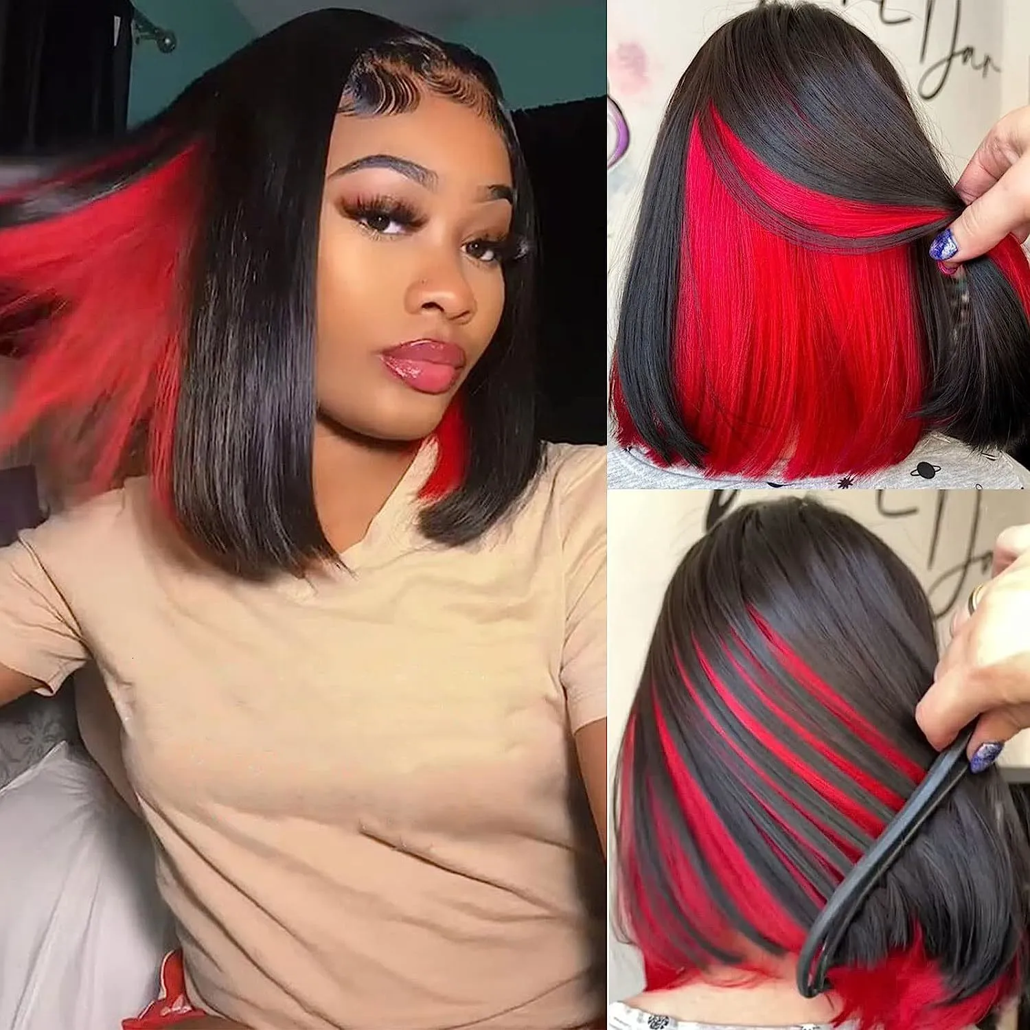 Lace Pruiken Bob -pruiken voor vrouwen Red Peekaboo Wig Synthetisch haar rechte bob -pruik schouderlengte zwart met rode highlights pruik botsing gesneden bob 230818