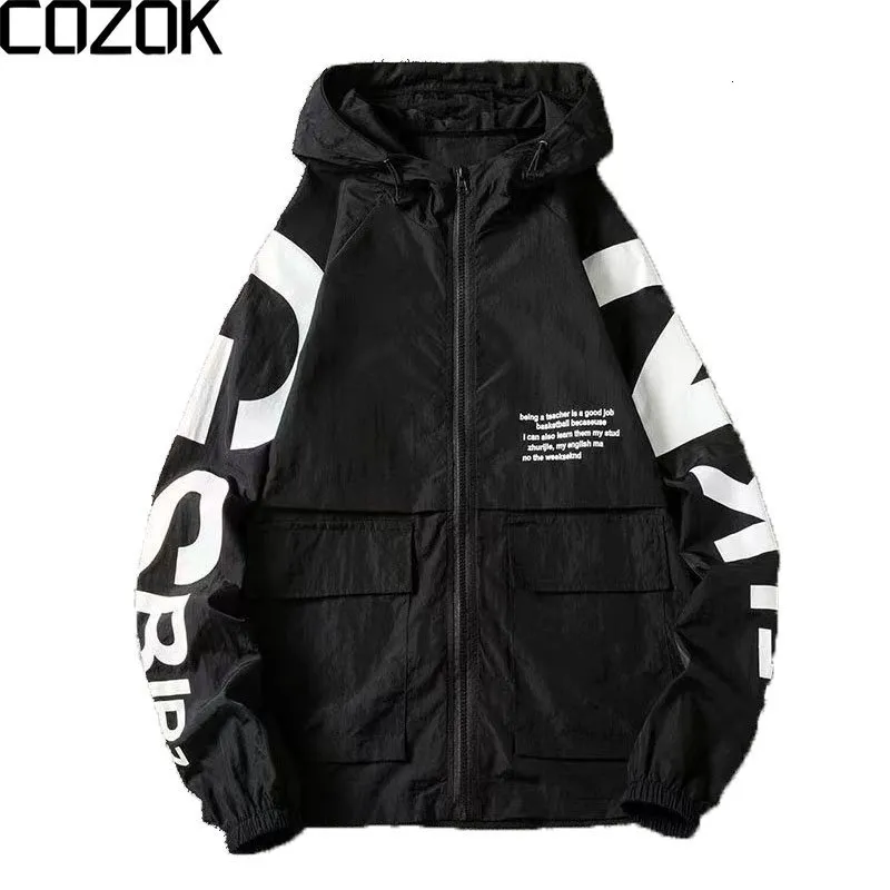 Mens Jackets Thin Hooded Outdoor Jacket Men Sunscreen Sports Windbreaker Letter Print Coat Autumn Loose College Unisex Spring Summer 230726