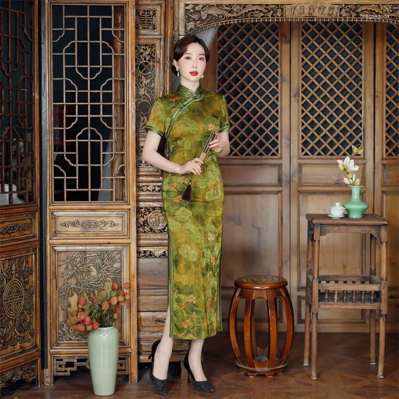 Etniska kläder Elegant Green Floral Print Qipao Dress Modern Kinesisk traditionell kvinnor Cheongsam Vestidos