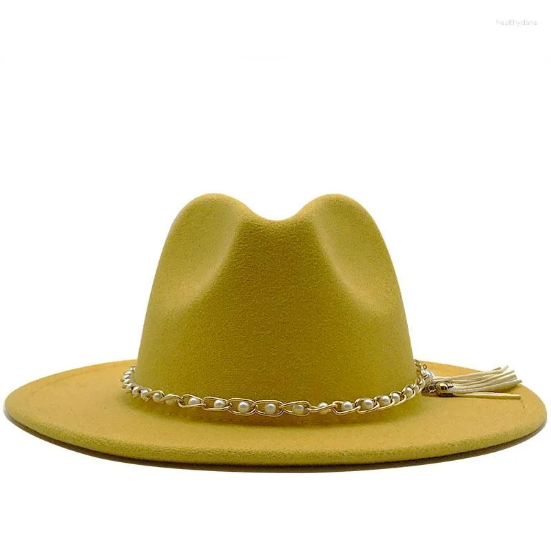 Boinas mujeres hombres ala ancha lana fieltro borla Jazz Fedora sombreros Panamá estilo vaquero Trilby fiesta Formal sombrero de gran tamaño amarillo blanco