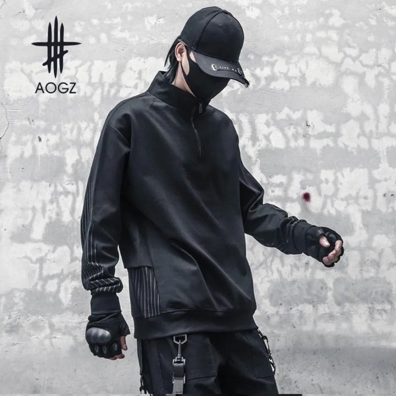 Hommes Hoodies AOGZ Printemps Mince Bande Patchwork Demi Zip Pull Sweats À Capuche Casual High Street Hommes Vêtements Tops Streetwear Noir