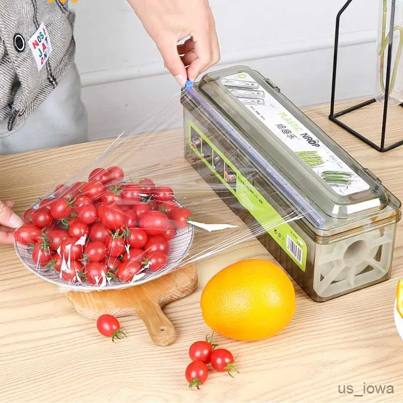 Distributeur de film étirable et coupe-papier en plastique rechargeable  avec curseur pour emballage alimentaire Transparent