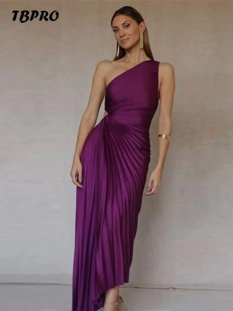 Pantalon femmes à volants violet plissé col diagonal Maxi robes irrégulière dos nu robe sans manches nouvelle dame élégante robes de soirée