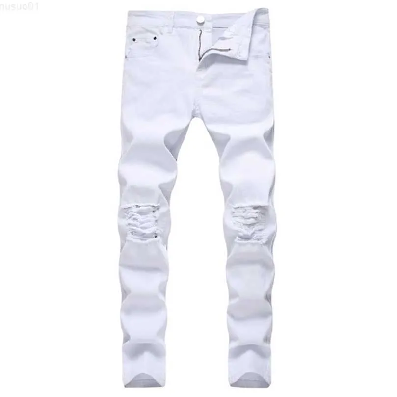 Męskie solidne białe rozryte mężczyzn klasyczne retro męskie chude dżinsy marka elastyczne dżinsowe spodnie spodni swobodny Slim Fit Pant 210318 L230726