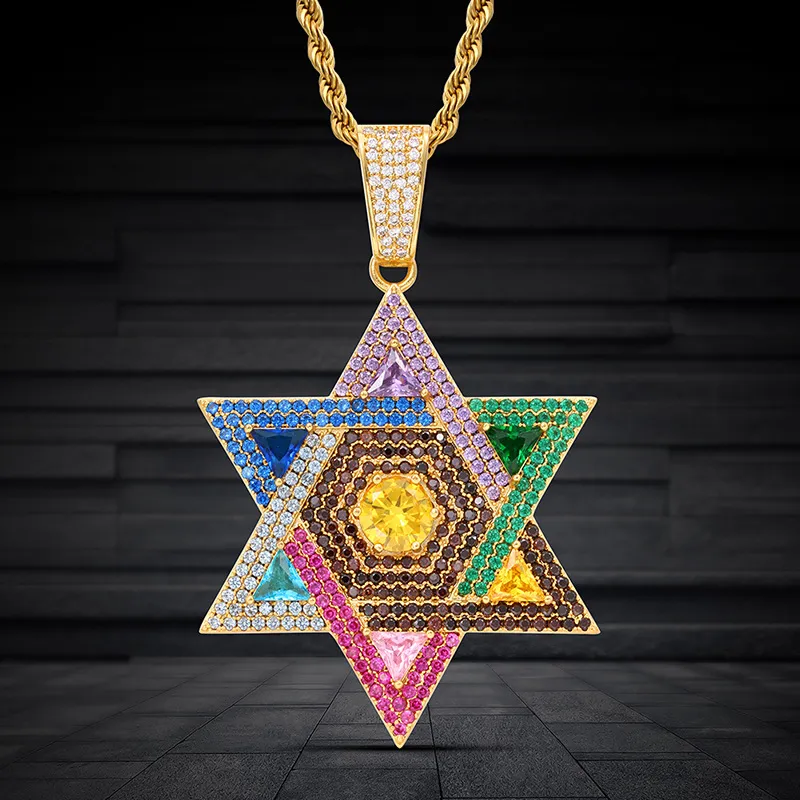 Hip Hop Big Satellite Pendant Hexagram Star Necklace Full Colorful Zircon Gold