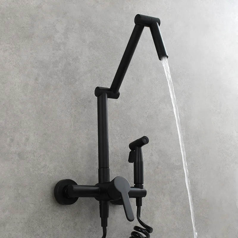 Fodable Kitchen Faucet mässing Black Kitchen Sink Mixer Trap Hot Cold Wall Montered with Spray Gun Rotating Sink Mixer