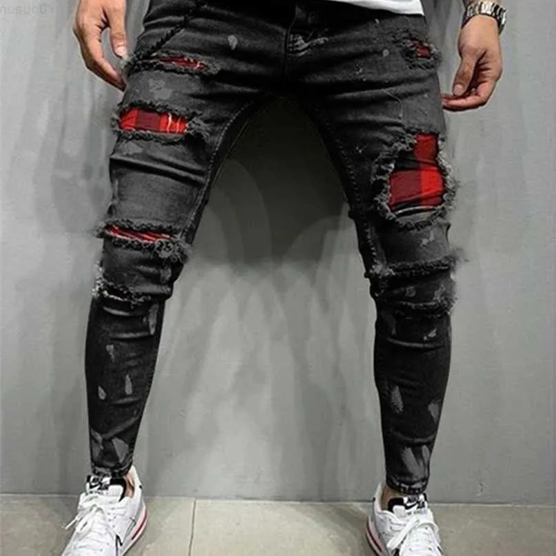 Męskie chude rozryte dżinsy mody siatki żebrakowe plastry Slim Fit Schody Casual Denim Pencil Pants Malowanie joggingowe spodnie Mężczyźni 220408 L230726