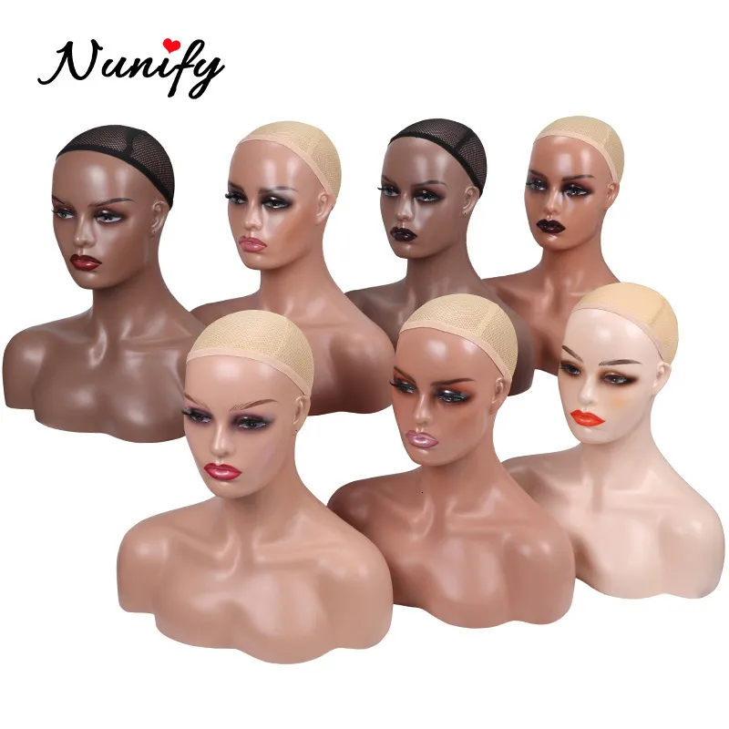 Wig Stand Female Realistic Mannequin Head With Shoulders African Wig Display Model Dark Brown Beige Colors Doll Head For Hat Glasses 230725