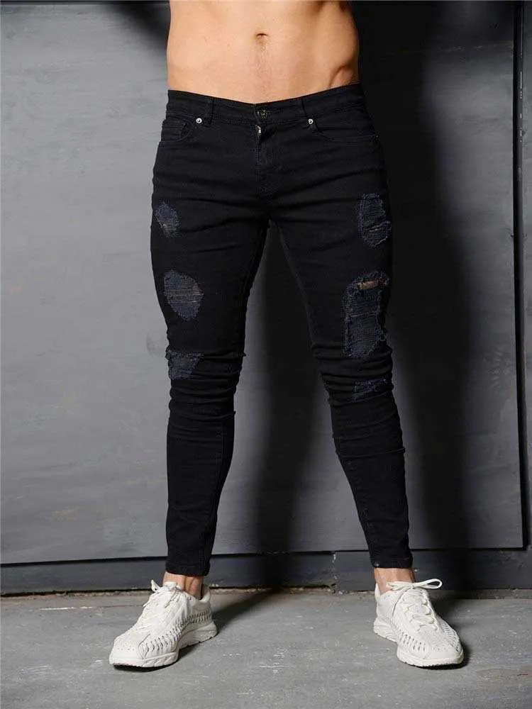 SpringAand Summer High Street Stretch Hommes Slim Fit Jeans Moto Mid-Waist Denim Coton Déchiré Jeunes Pantalons 230316 L230726