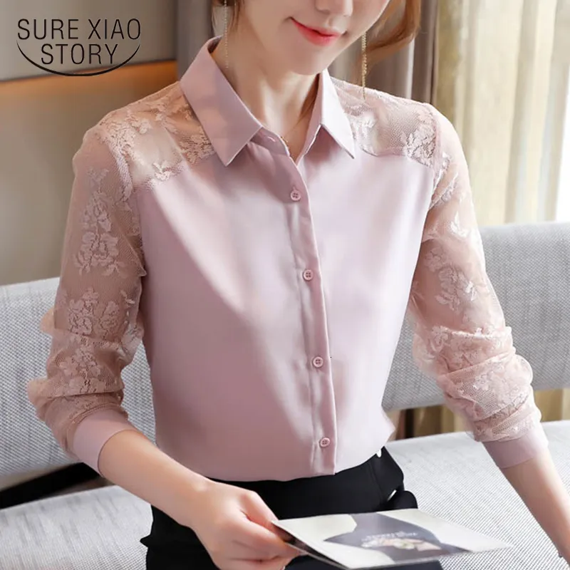 Womens Blouses Shirts Fashion Lace Elegant Chiffon Blouse Women Korean Cardigan Office Casual Long Sleeve Shirt Blusas 11491 230726