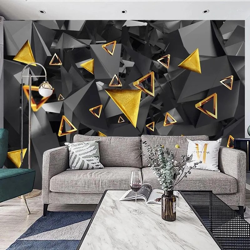 Tapeten Benutzerdefinierte Wandbild Wandmalerei Moderne 3D Papel De Pared Abstrakte Goldene Schwarz Geometrische Tapete Für Wohnzimmer Sofa TV Hintergrund