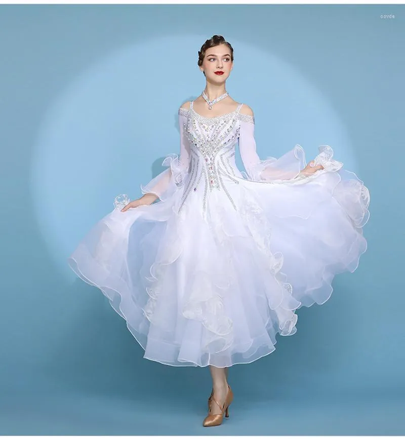 Scene Wear High-End Ballroom Competition Dance Dresses Women White Waltz kjol Lady's Long Sleeve Standard Dancing Dress