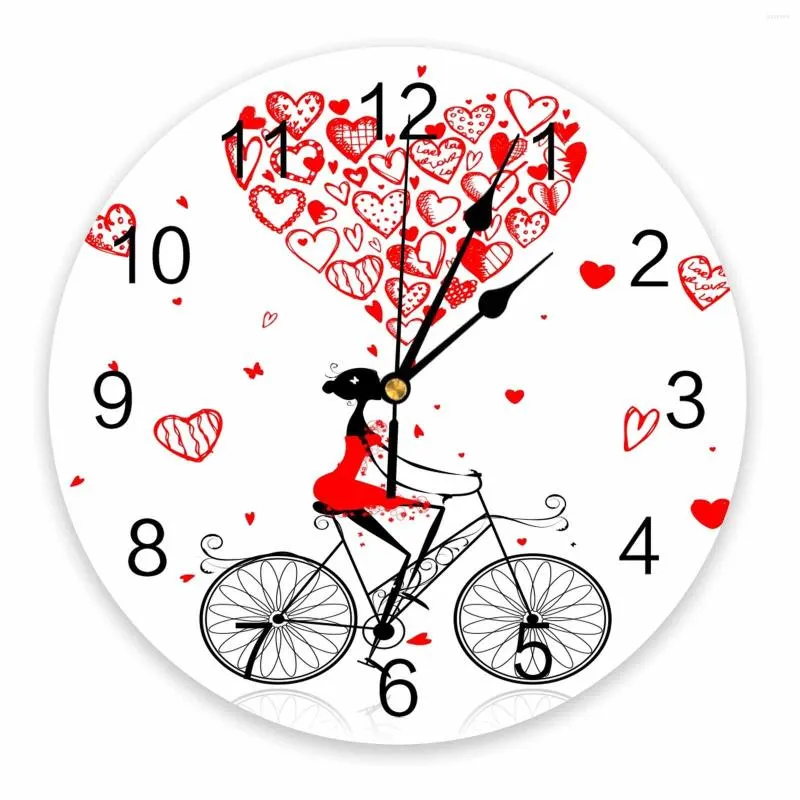 Horloges murales amour vélo femme coeur rouge décoratif horloge ronde chiffres arabes Design non tic-tac chambres salle de bain grande