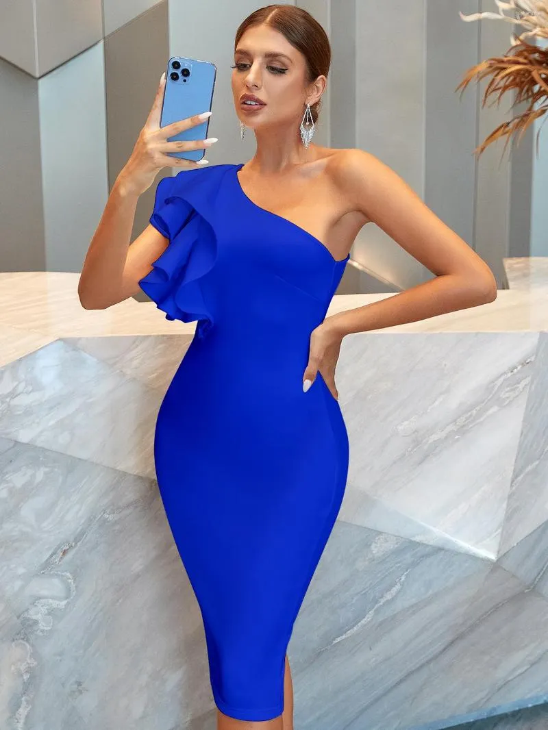 Casual Dresses Red Blue White BodyCon Bandage Dress Women Summer One Shoulder Ruffles Kne Length Elegant Celebrity Evening Club Party